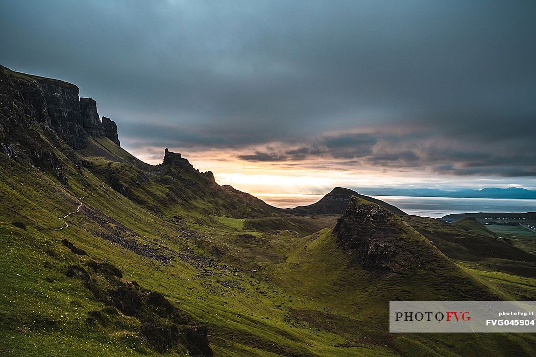 The sunrise over lunar landscape of Quiraing, Trotternish Peninsula in the Isle of Skye, Highands, Scotland, United Kingdom, Europe