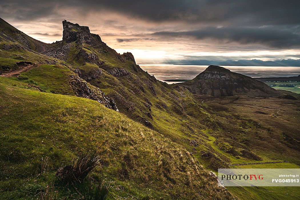 The sunrise over lunar landscape of Quiraing, Trotternish Peninsula in the Isle of Skye, Highands, Scotland, United Kingdom, Europe