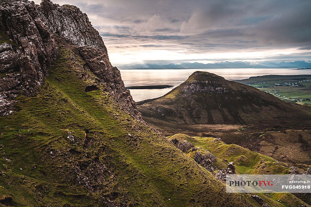 The sunrise over lunar landscape of Quiraing, Trotternish Peninsula in the Isle of Skye, Highands, Scotland, United Kingdom, Europe