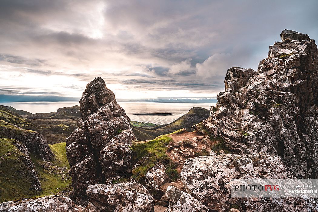 The sunrise over lunar landscape of Quiraing, Trotternish Peninsula in the Isle of Skye, Highands, Scotland, United Kingdom, Europe