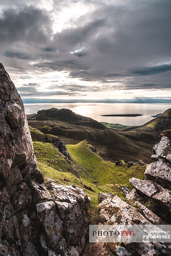 The sunrise over lunar landscape of Quiraing, Trotternish Peninsula in the Isle of Skye, Highands, Scotland, United Kingdom, Europe