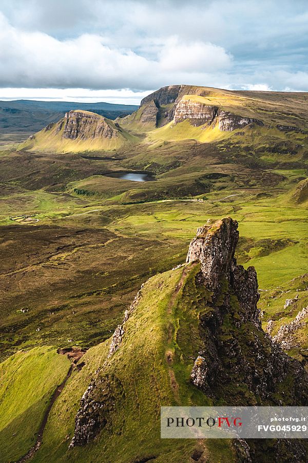 The sunrise over lunar landscape of Quiraing, Trotternish Peninsula in the Isle of Skye, Highands, Scotland, United Kingdom, Europe