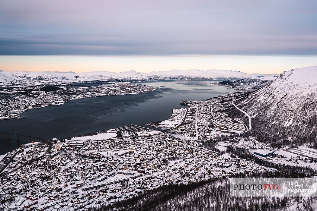 View from Storsteinen Hill (418m) of the city  of Tromso and Tromsoeysund with Tromsoe Bridge, Norway, Europe