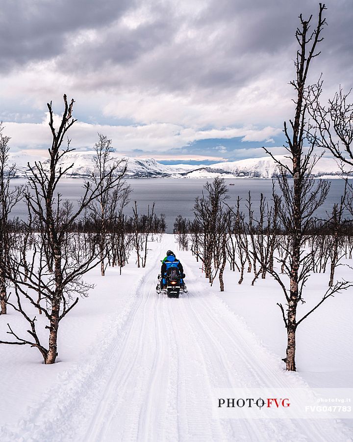 Snowmobile trip in the Lyngen Alps, Troms, Norway, Europe 
