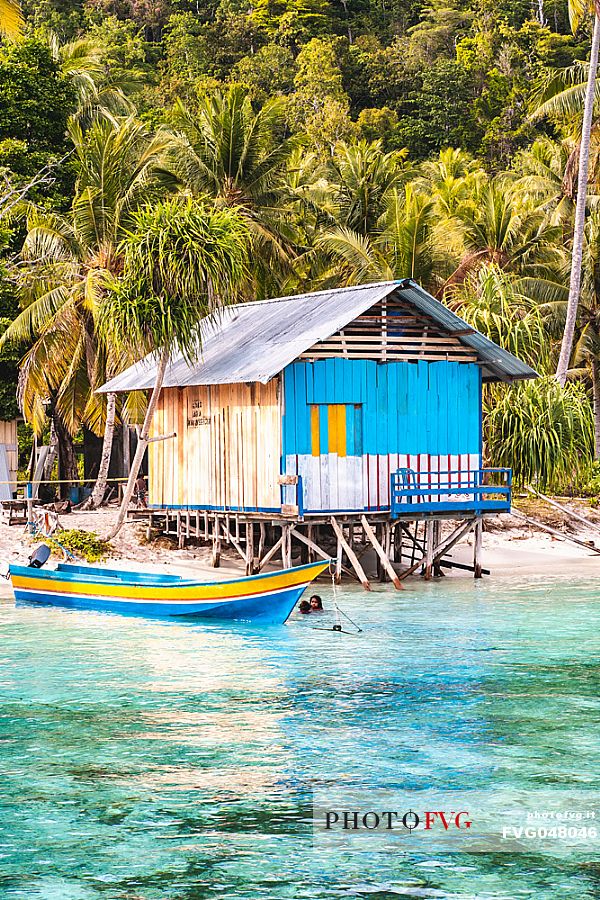 Wooden hut in the village of Sauwandarek on the island of Pulau Mansuar, Raja Ampat archipelago, West Papua, Indonesia