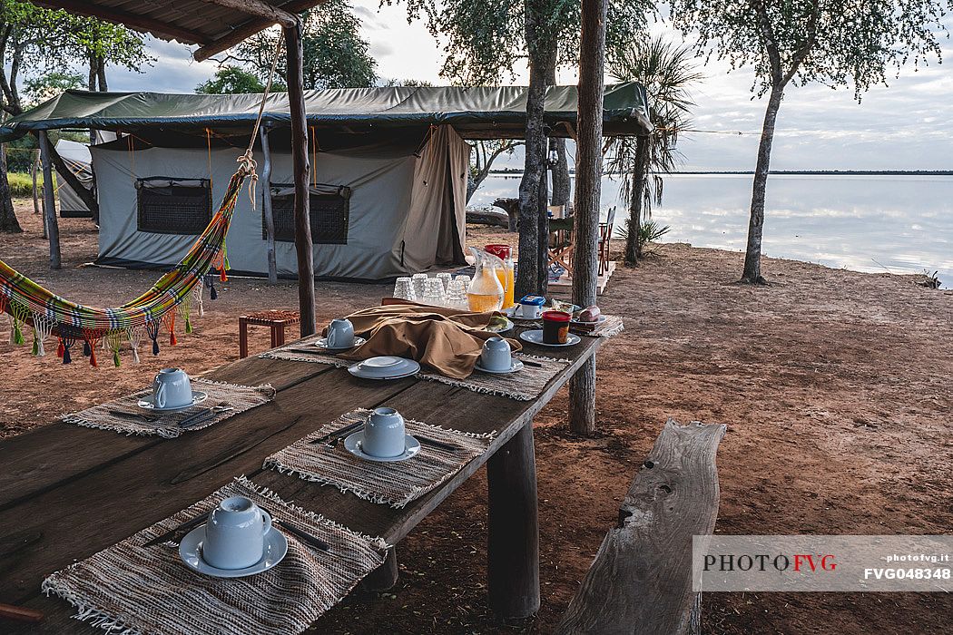 Camping on the shore of Flamenco lagoon, a salt lagoon in the Paraguayan Chaco near the Reserva Natural - Campo Mara, Paraguay, America