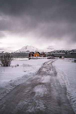 Iconic houses on the island of Sommary, an ancient fishing village in the western part of Troms county, Norway, Europe