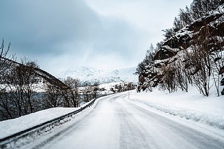Norwegian icy road, view from road 862, near Tromso, Norway, Europe