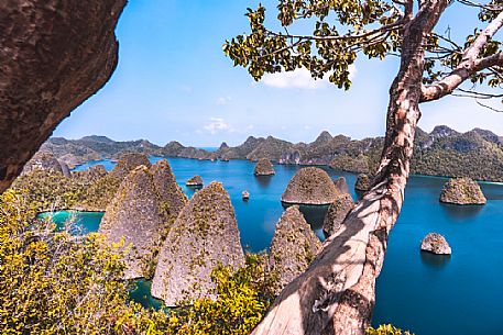 Amazing rock formations in Wayag Island, one of the Raja Ampat archipelago's most popular tourist spots. West Papua, New Guinea, Indonesia
