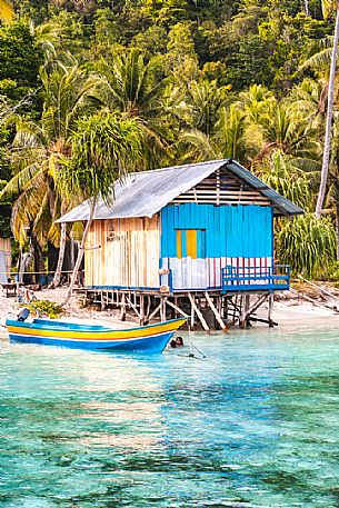 Wooden hut in the village of Sauwandarek on the island of Pulau Mansuar, Raja Ampat archipelago, West Papua, Indonesia