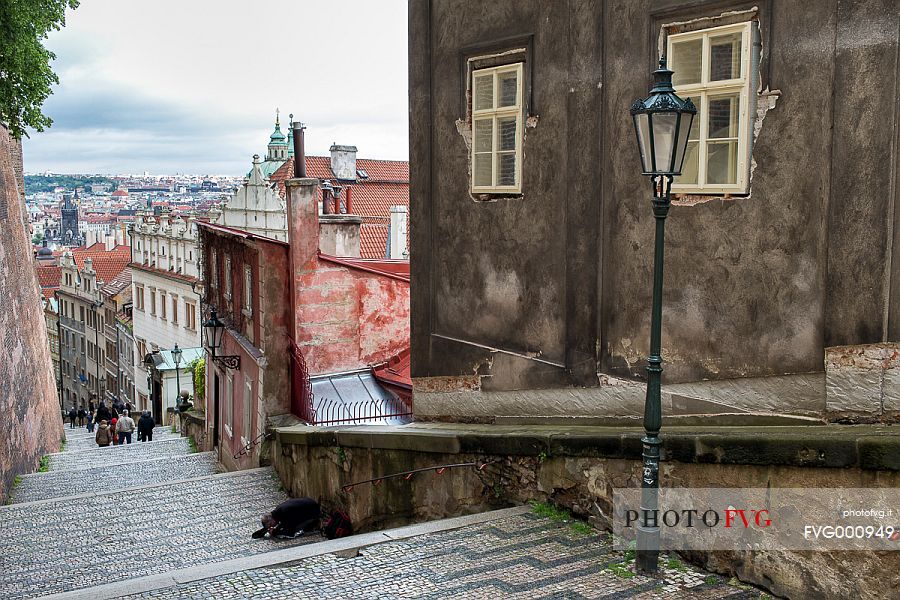 A street descending Castle hill in Prague Old Town, Mala Strana