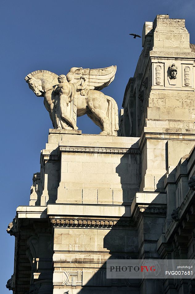 Pegasus on the top of the Central Railway Station of Milan