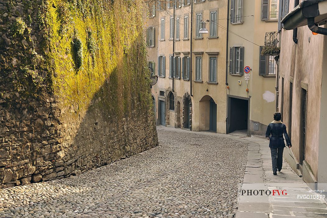 Via Sant'Alessandro, the old and steep street that connects the lower with the upper city, Bergamo, Italy