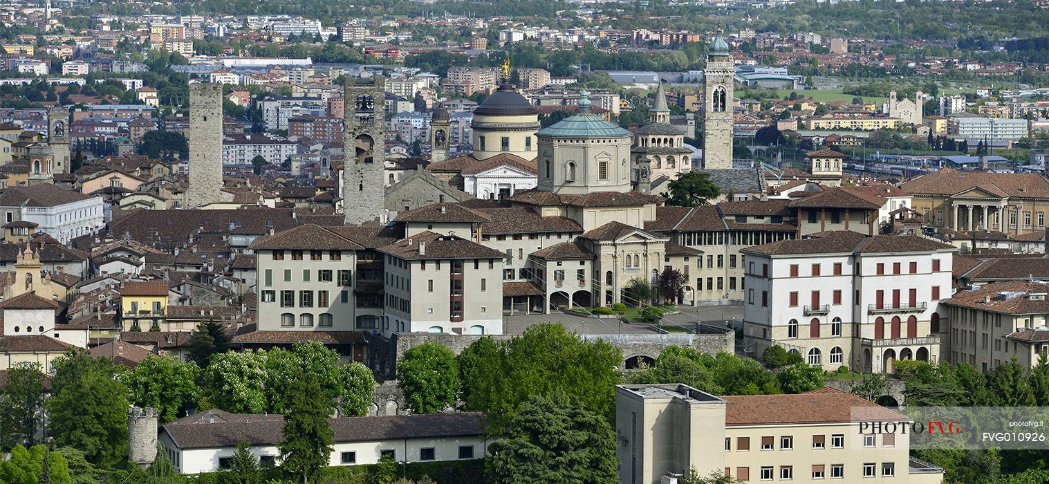 Towers and steeples of the upper city of Bergamo, view from San Vigilio