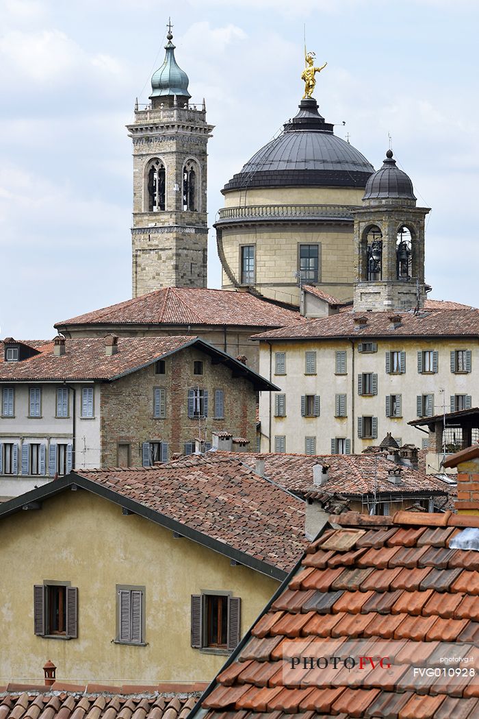 Clock Tower of the Basilica and Dome of the Cathedral in the upper city of Bergamo, view from 
