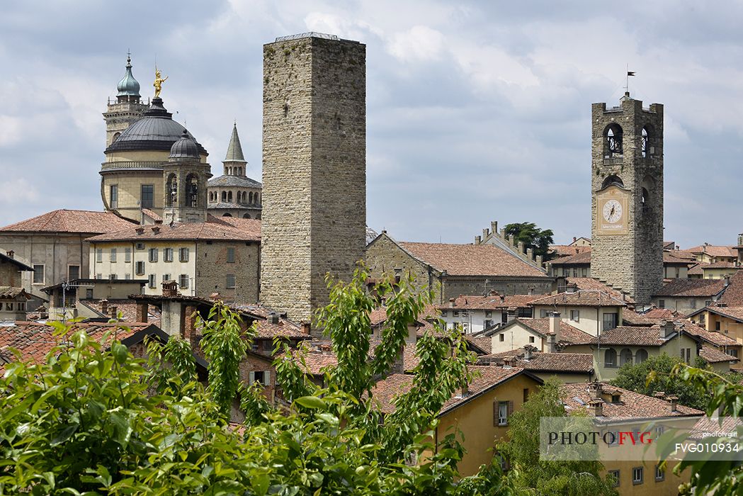 Towers and steeples of the upper city of Bergamo, view from 