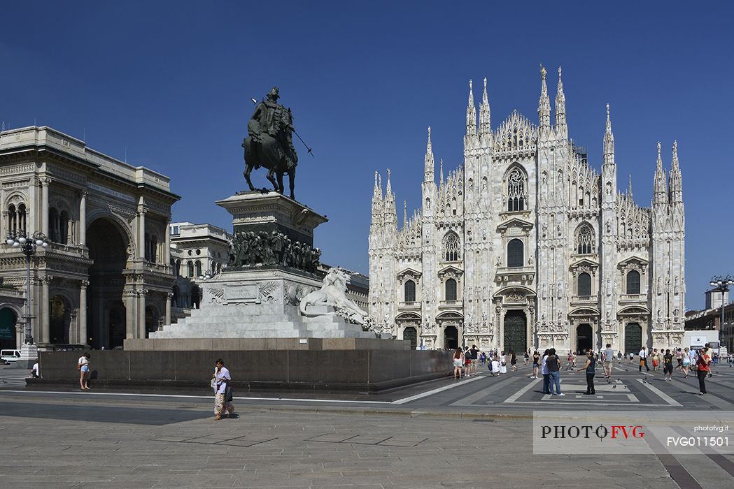 The Milan Cathedral and the statue of Vittorio Emanuele II, king of Italy