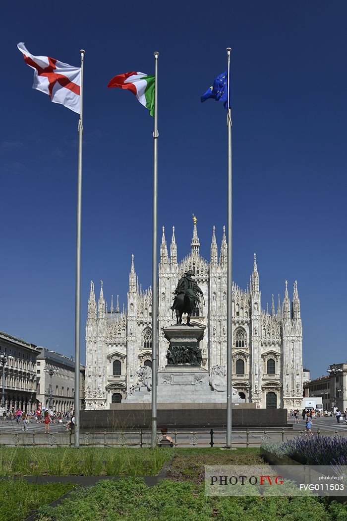 The Milan Cathedral and the statue of Vittorio Emanuele II, king of Italy