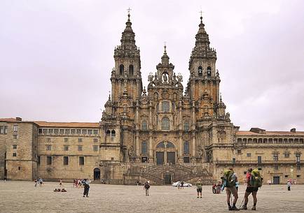 Way of St.James - Pilgrims in front of the Cathedral of Santiago