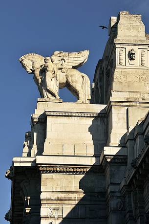 Pegasus on the top of the Central Railway Station of Milan