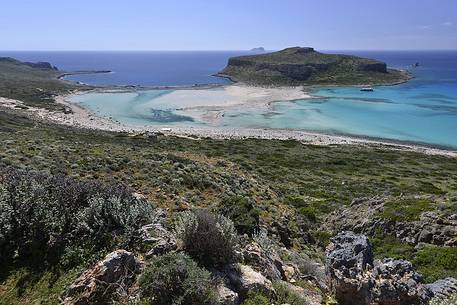 Balos Beach and Imeri Gramvousa Island, view from the hill, Chania, Crete island, Greece, Europe