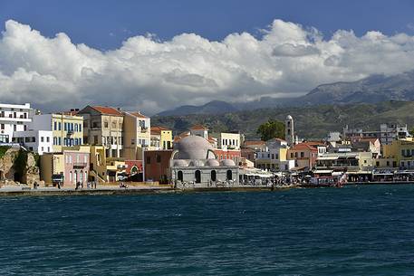 Promenade and Hasan Pasha Mosque in the old harbour of Chania, Crete, Greece, Europe