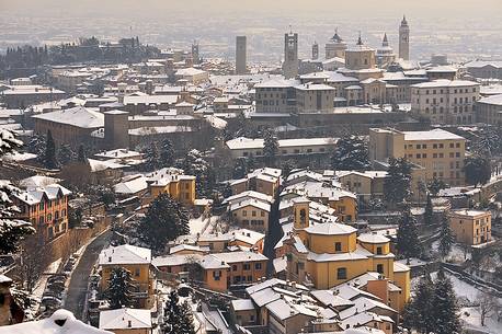 Skyline of the upper city of Bergamo, view from San Vigilio castle, Lombardy, Italy, Europe