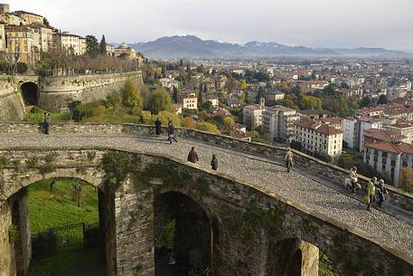 Bergamo upper and lower city and the venetian walls near Porta San Giacomo Bergamo upper and lower city and the venetian walls near Porta San Giacomo