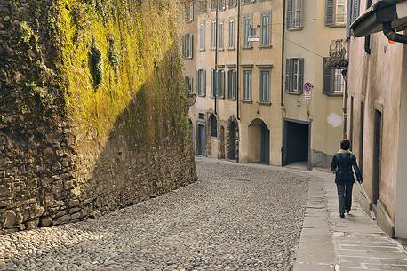 Via Sant'Alessandro, the old and steep street that connects the lower with the upper city, Bergamo, Italy