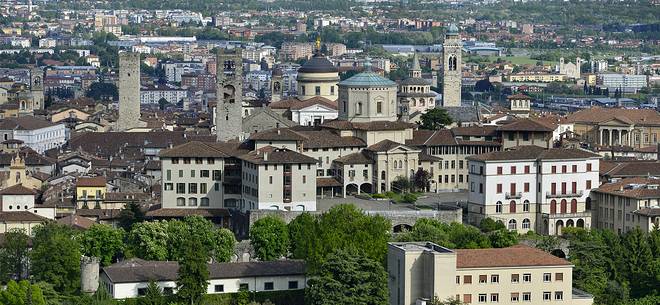 Towers and steeples of the upper city of Bergamo, view from San Vigilio