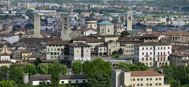 Towers and steeples of the upper city of Bergamo, view from San Vigilio Towers and steeples of the upper city of Bergamo, view from San Vigilio
