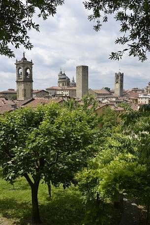 Towers and steeples of the upper city of Bergamo, view from 