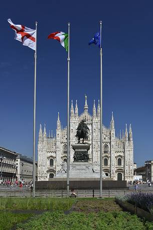 The Milan Cathedral and the statue of Vittorio Emanuele II, king of Italy The Milan Cathedral and the statue of Vittorio Emanuele II, king of Italy