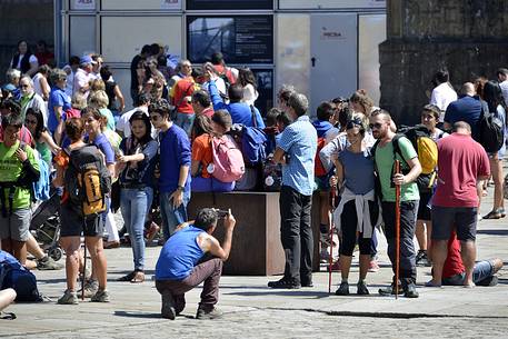 Way of St.James - Pilgrims at Praza do Obradoiro