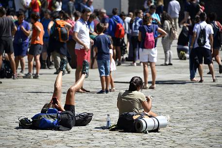 Way of St.James - Pilgrims at Praza do Obradoiro Way of St.James - Pilgrims at Praza do Obradoiro