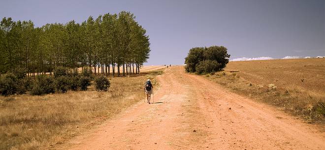 Pilgrim at the Way of St. James, Camino de Santiago to Compostela, Paramo de Leon, Leon, Spain

