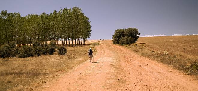 Pilgrim at the Way of St. James, Camino de Santiago to Compostela, Paramo de Leon, Leon, Spain
