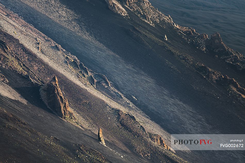 Magmatic dykes along the canyons of volcanic sand in the Valle del Bove