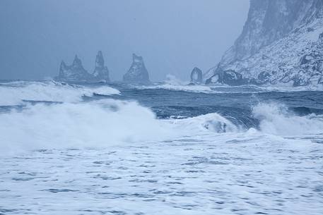 Vik's stacks during a snowstorm