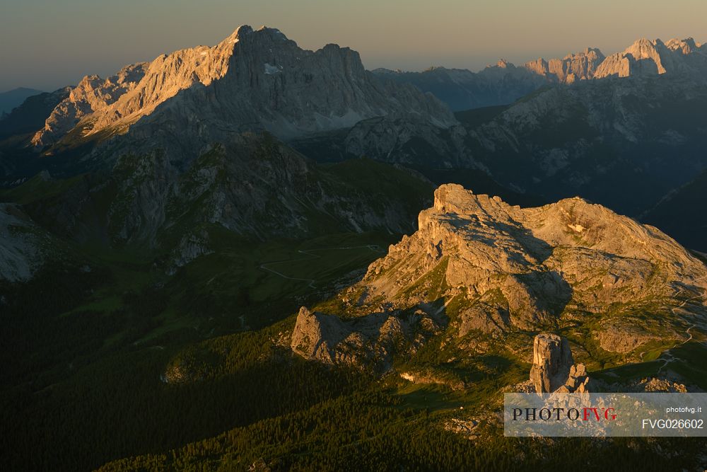 Dawn from the top of Tofana di Mezzo towards Cinque Torri and Civetta mountains, Cortina d'Ampezzo, dolomites, Italy