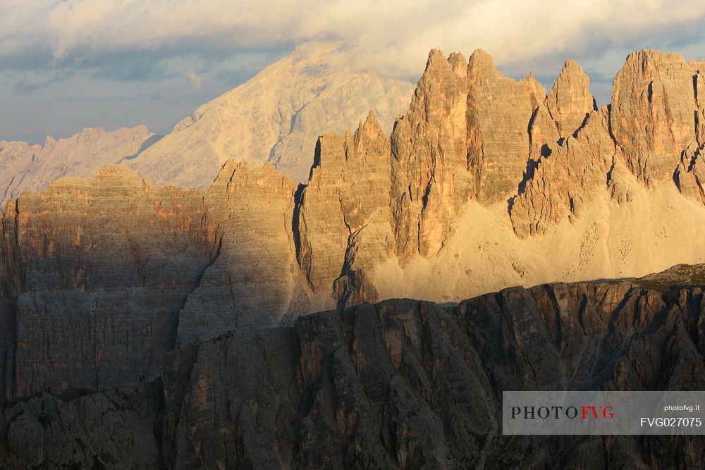 Sunset from Refuge Nuvolau (2575 m) towards Croda da Lago mount, Cortina d'Ampezzo, Veneto, Italy