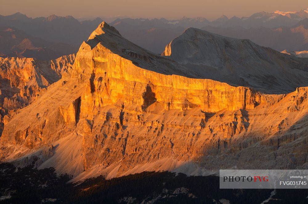 Sunset from the top of Piz Bo in the Sella mounatin group towards Sasso della Croce peak, dolomites, Italy