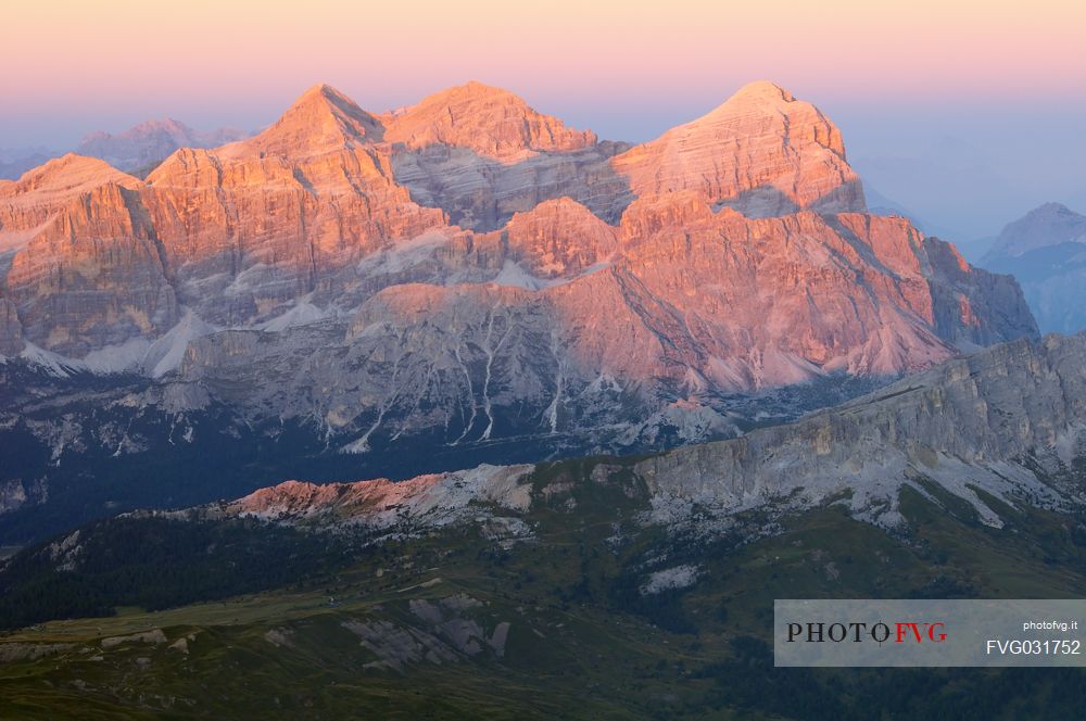 Sunset from the top of Piz Bo in the Sella mounatin group towards Tofana mountain group and Lagazuoi peak, dolomites, Italy