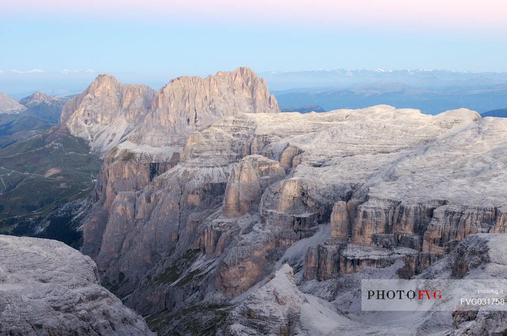 Sassolungo and Sella mountain range from the top of Piz Bo, dolomites, Italy