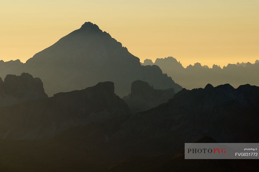 Sunset from the top of Piz Bo in the Sella mounatin group towards Antelao peak and dolomites of Cortina d'Ampezzo, Italy