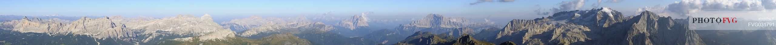 Landscape from the top of Piz Bo in the Sella mountain group.Overview extended from the Sasso della Croce to the Marmolada, dolomites, Italy