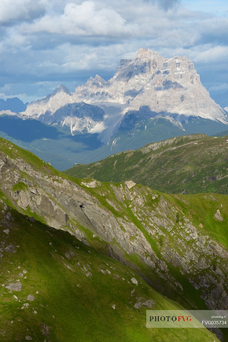 Pelmo mountain from the Viel del Pan path in the Padon mountain group.
The Viel del Pan is an ancient communication route that joins the Pordoi Pass to the Fedaia Pass, dolomites. Italy
