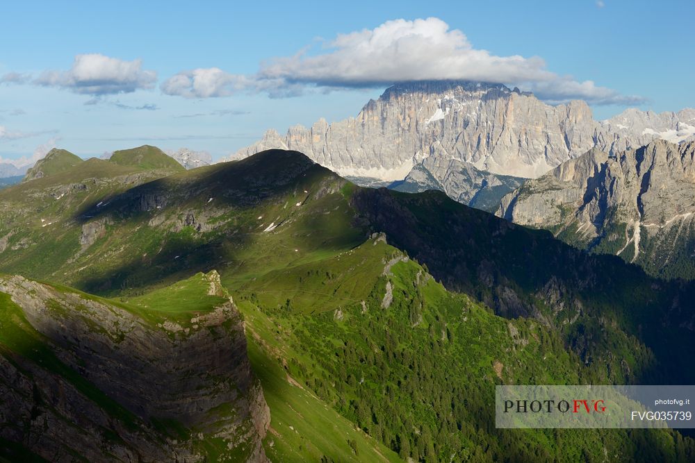 Civetta mountain from the Viel del Pan path in the Padon mountain group.
The Viel del Pan is an ancient communication route that joins the Pordoi Pass to the Fedaia Pass, dolomites. Italy
