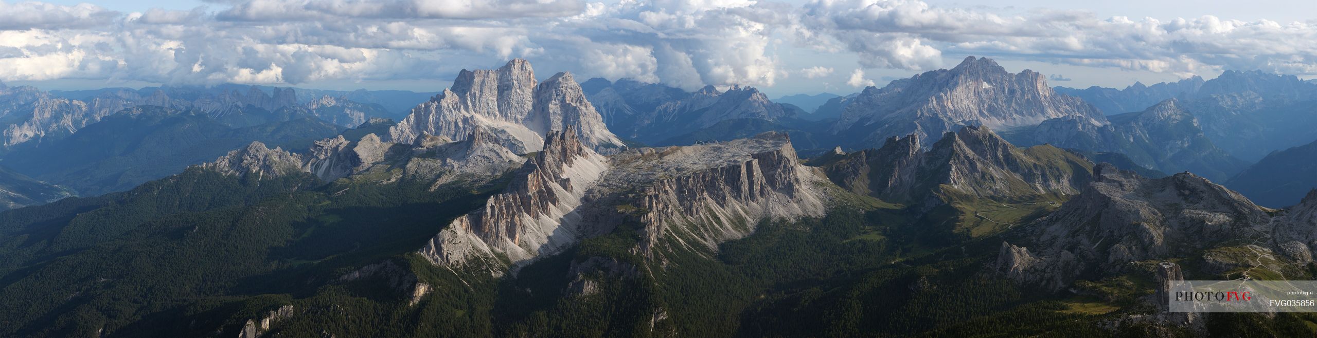 Panorama from the top of the Tofana di Mezzo mountain. Visible from left to right: Pelmo, Croda da Lago, Lastoi de Formin, Civetta, Cernera, Passo Giau, Gusela di Passo Giau, Nuvolau, Cinque Torri, dolomites, Cortina d'Ampezzo, Italy, Europe