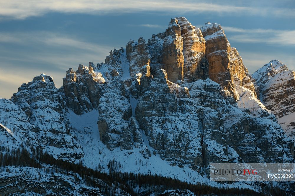 Autumn sunset on the Spiz di Mezzod mountain group in Val Zoldana, dolomites, Veneto, Italy, Europe